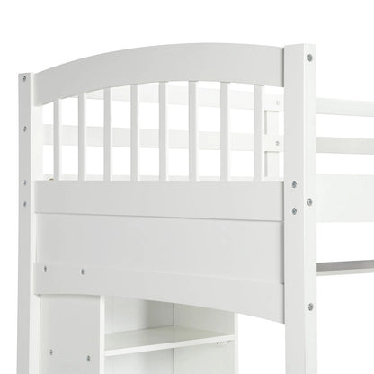 Lit mezzanine Nestfair pour une personne avec étagères de rangement, bureau et échelle