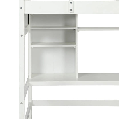 Lit mezzanine Nestfair pour une personne avec étagères de rangement, bureau et échelle