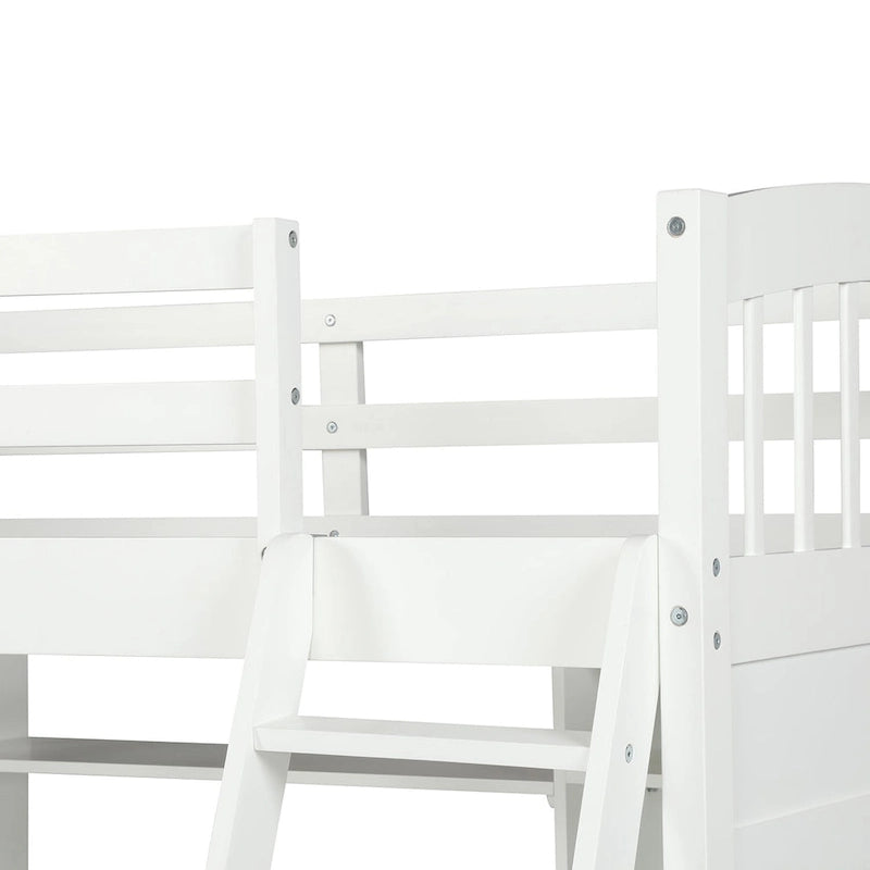 Lit mezzanine Nestfair pour une personne avec étagères de rangement, bureau et échelle