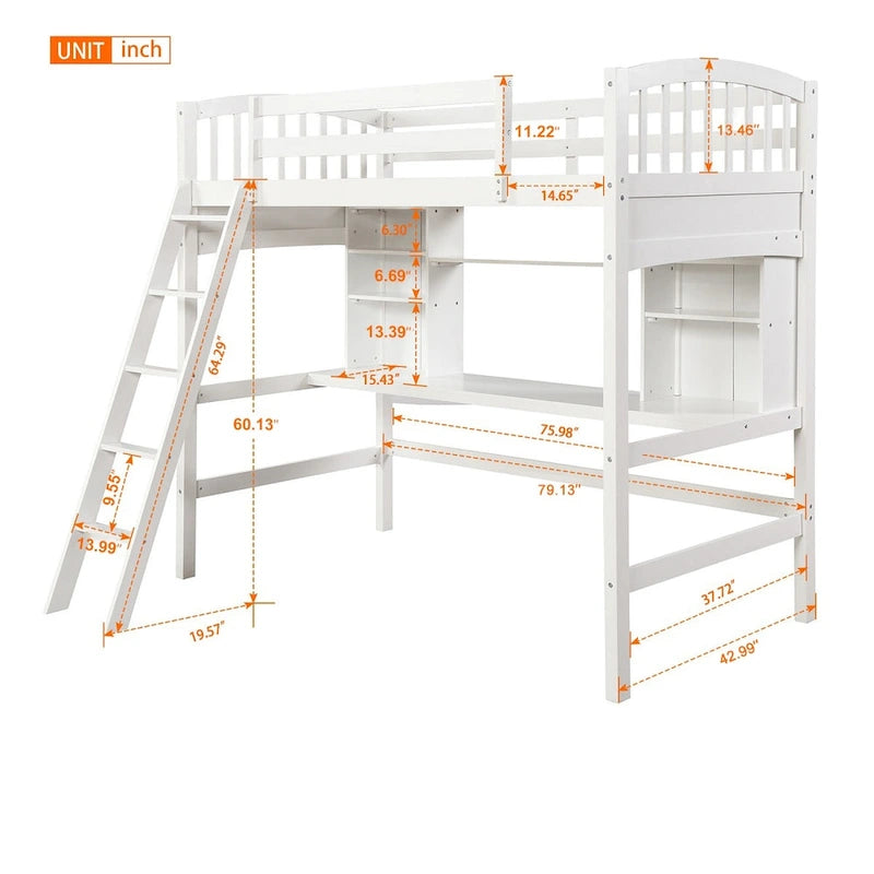 Lit mezzanine Nestfair pour une personne avec étagères de rangement, bureau et échelle