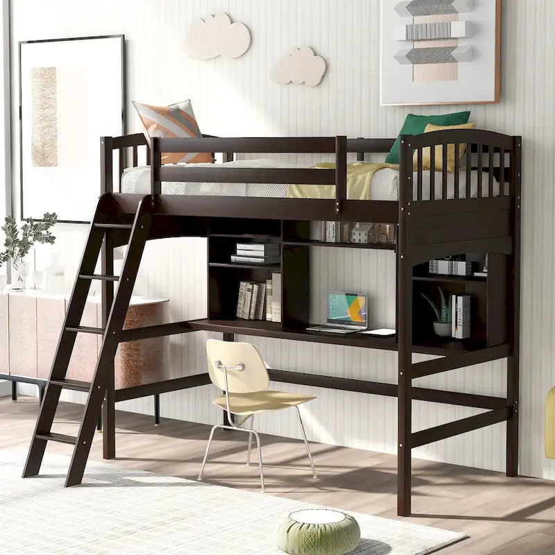 Lit mezzanine Nestfair pour une personne avec étagères de rangement, bureau et échelle