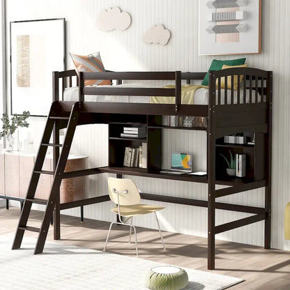 Lit mezzanine Nestfair pour une personne avec étagères de rangement, bureau et échelle