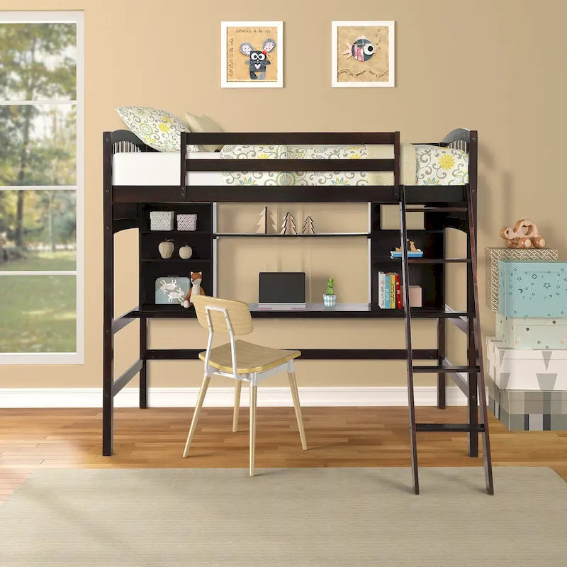 Lit mezzanine Nestfair pour une personne avec étagères de rangement, bureau et échelle