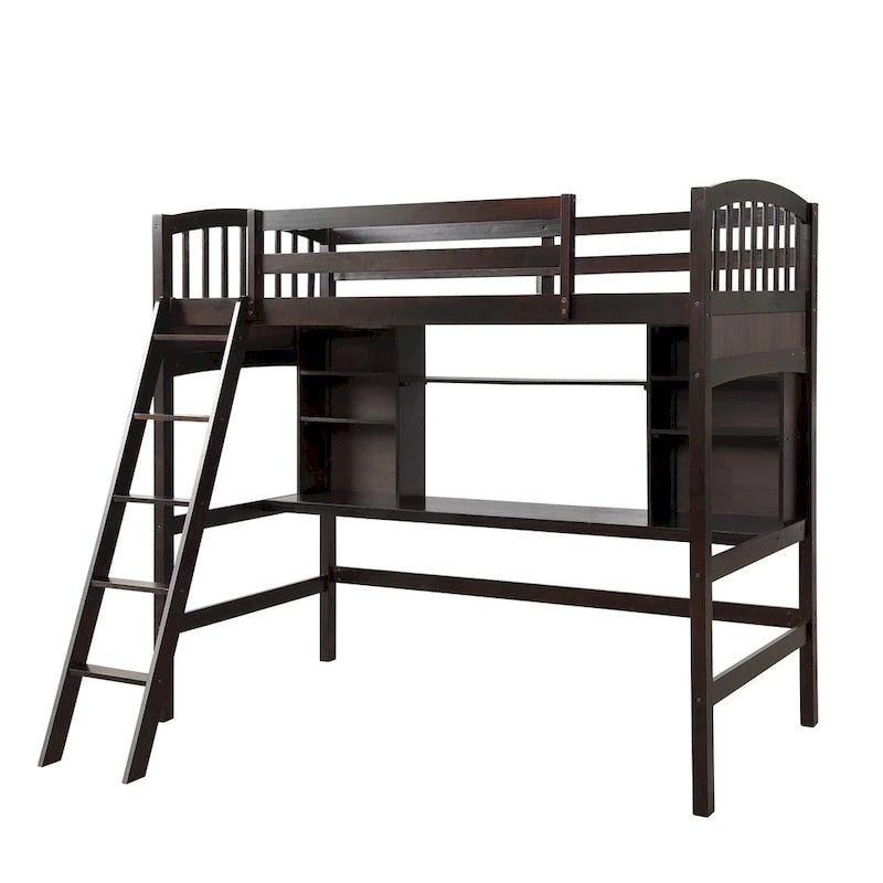 Lit mezzanine Nestfair pour une personne avec étagères de rangement, bureau et échelle
