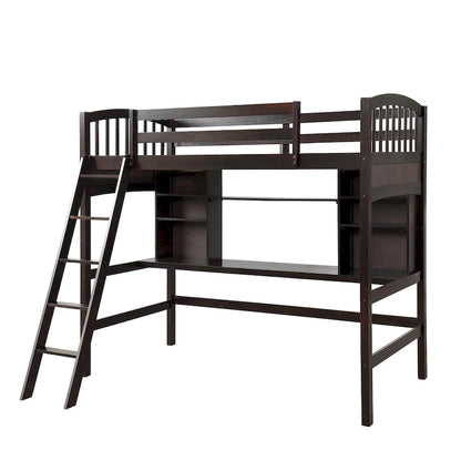 Lit mezzanine Nestfair pour une personne avec étagères de rangement, bureau et échelle