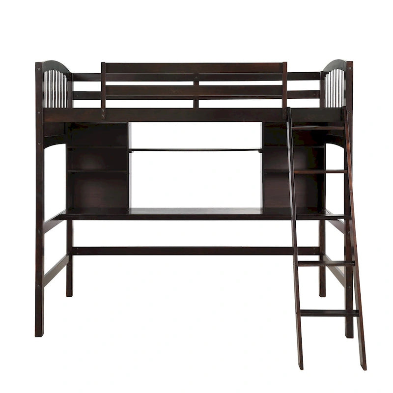Lit mezzanine Nestfair pour une personne avec étagères de rangement, bureau et échelle