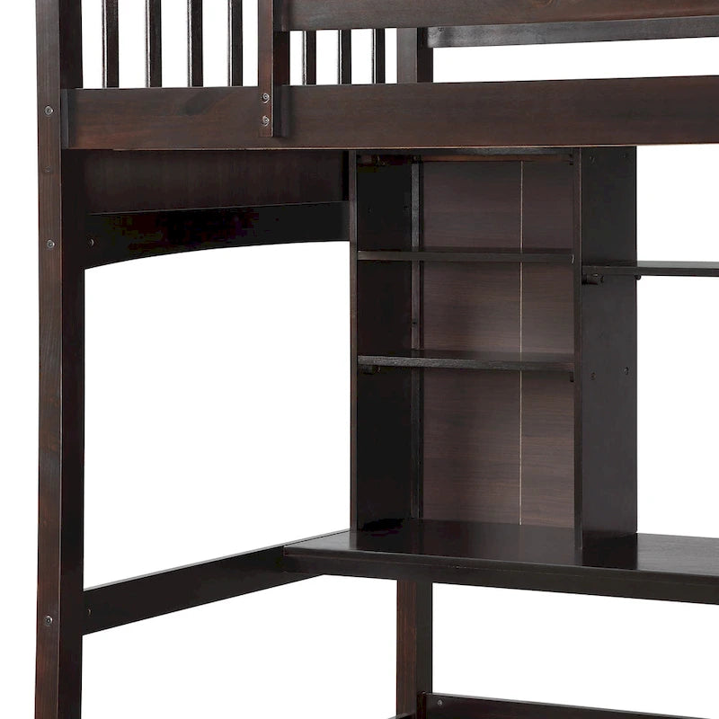 Lit mezzanine Nestfair pour une personne avec étagères de rangement, bureau et échelle
