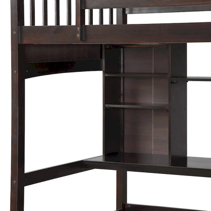 Lit mezzanine Nestfair pour une personne avec étagères de rangement, bureau et échelle