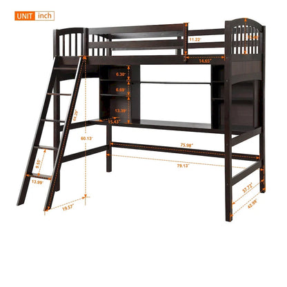 Lit mezzanine Nestfair pour une personne avec étagères de rangement, bureau et échelle