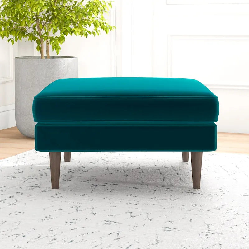 Pouf carré Flavia en velours, style moderne du milieu du siècle