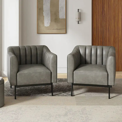 Ensemble de 2 fauteuils Alfons en cuir style industriel avec capitonnage à canaux et pieds en métal, par HULALA HOME
