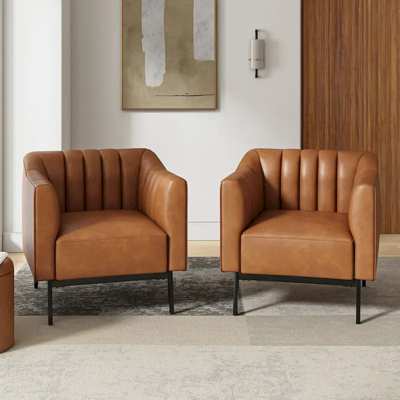 Ensemble de 2 fauteuils Alfons en cuir style industriel avec capitonnage à canaux et pieds en métal, par HULALA HOME