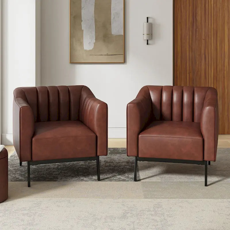 Ensemble de 2 fauteuils Alfons en cuir style industriel avec capitonnage à canaux et pieds en métal, par HULALA HOME