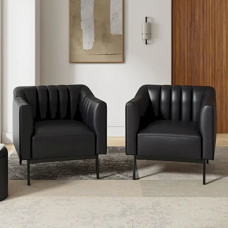 Ensemble de 2 fauteuils Alfons en cuir style industriel avec capitonnage à canaux et pieds en métal, par HULALA HOME