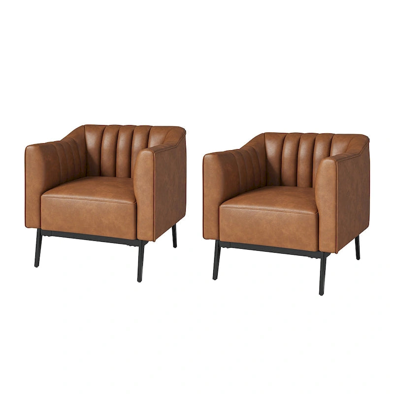 Ensemble de 2 fauteuils Alfons en cuir style industriel avec capitonnage à canaux et pieds en métal, par HULALA HOME