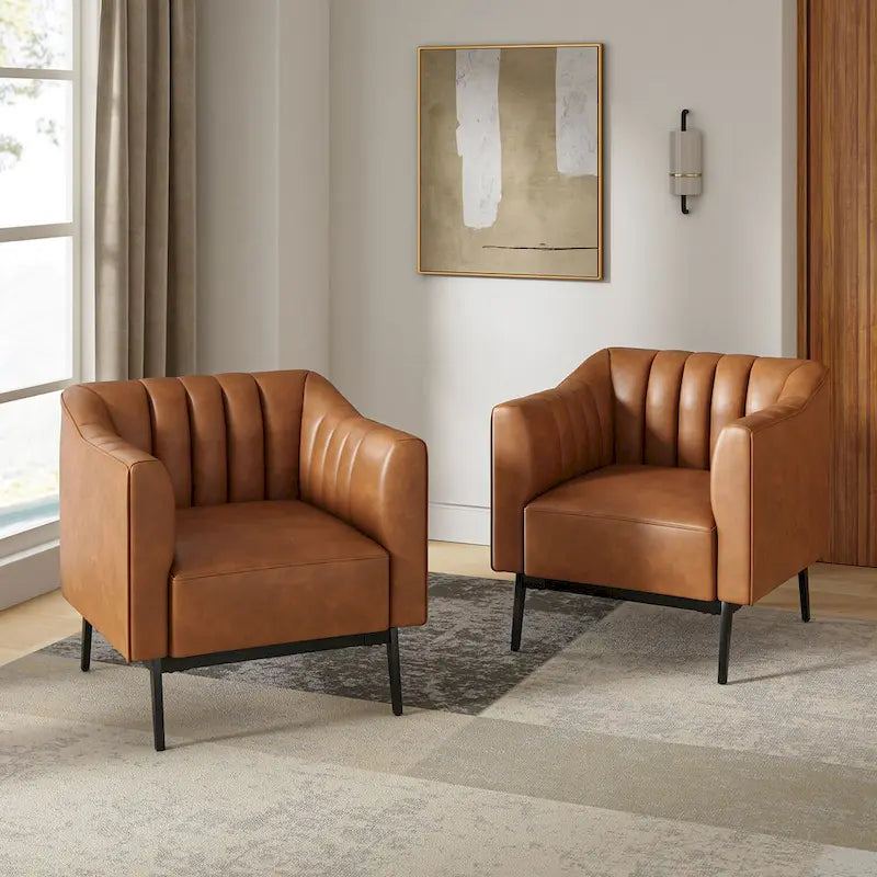 Ensemble de 2 fauteuils Alfons en cuir style industriel avec capitonnage à canaux et pieds en métal, par HULALA HOME