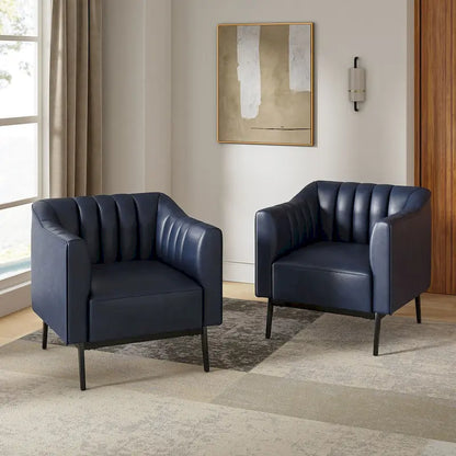 Ensemble de 2 fauteuils Alfons en cuir style industriel avec capitonnage à canaux et pieds en métal, par HULALA HOME