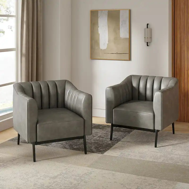 Ensemble de 2 fauteuils Alfons en cuir style industriel avec capitonnage à canaux et pieds en métal, par HULALA HOME