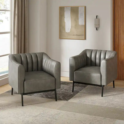 Ensemble de 2 fauteuils Alfons en cuir style industriel avec capitonnage à canaux et pieds en métal, par HULALA HOME