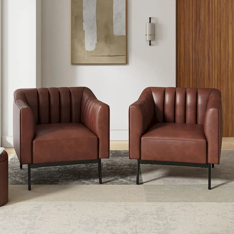Ensemble de 2 fauteuils Alfons en cuir style industriel avec capitonnage à canaux et pieds en métal, par HULALA HOME