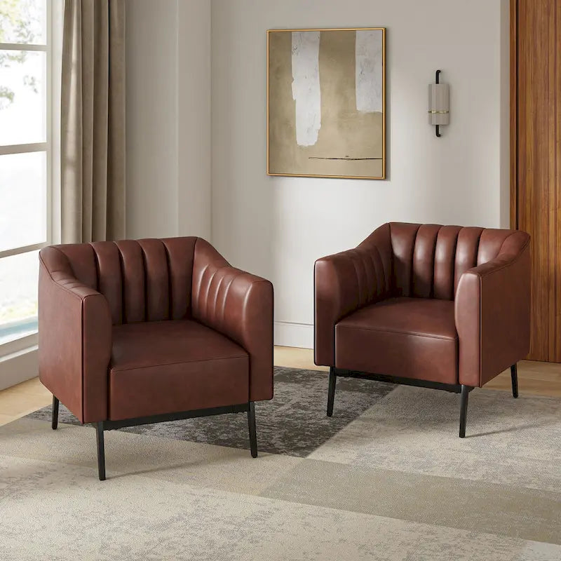 Ensemble de 2 fauteuils Alfons en cuir style industriel avec capitonnage à canaux et pieds en métal, par HULALA HOME