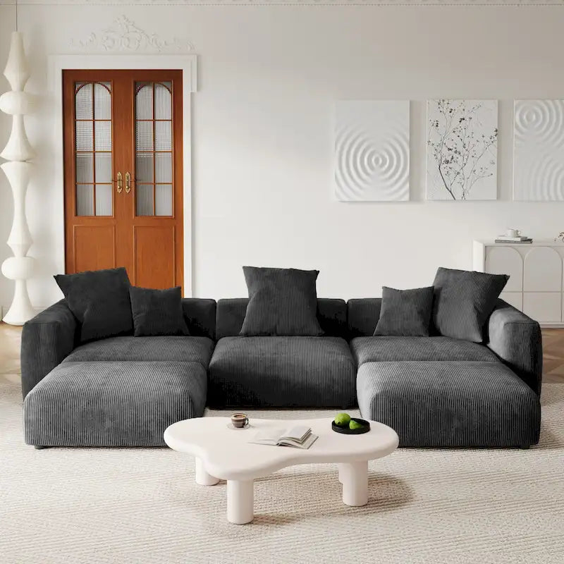 Canapé d'angle modulable en velours côtelé en forme de U, grand format, confortable, avec 5 coussins