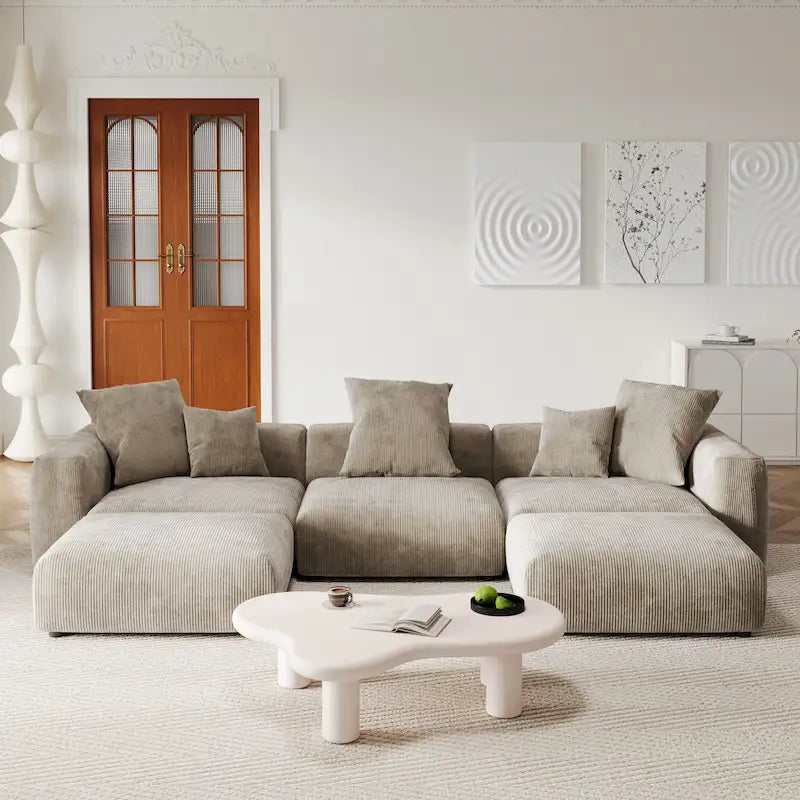 Canapé d'angle modulable en velours côtelé en forme de U, grand format, confortable, avec 5 coussins