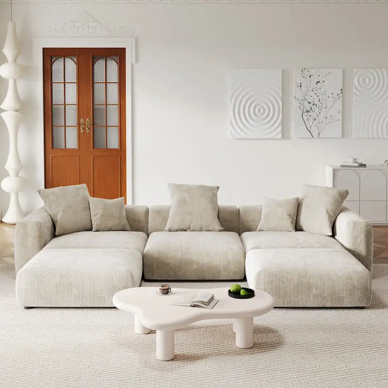 141.73  U-shape Corduroy Modular Sofa, Large Size Comfy Sectional Couch Sofa with 5 Pillows