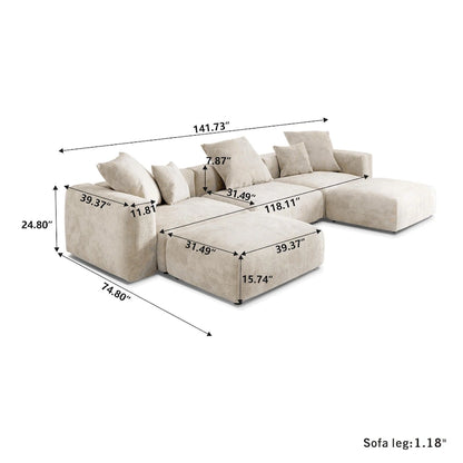 Canapé d'angle modulable en velours côtelé en forme de U, grand format, confortable, avec 5 coussins
