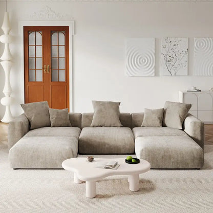 Canapé d'angle modulable en velours côtelé en forme de U, grand format, confortable, avec 5 coussins