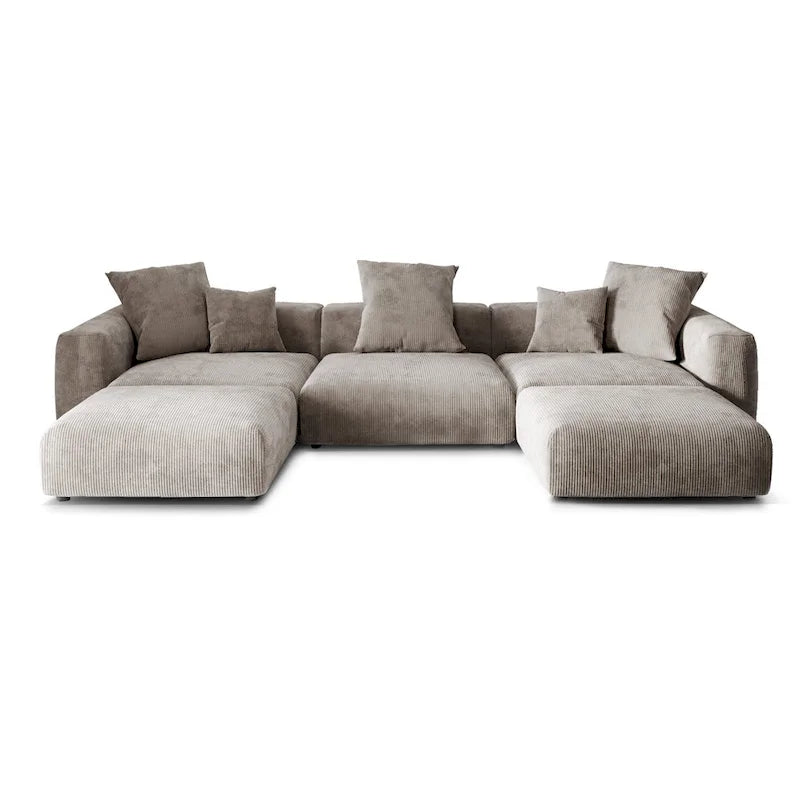 Canapé d'angle modulable en velours côtelé en forme de U, grand format, confortable, avec 5 coussins
