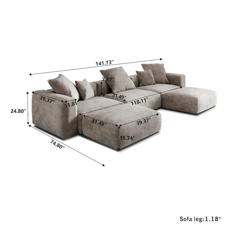Canapé d'angle modulable en velours côtelé en forme de U, grand format, confortable, avec 5 coussins
