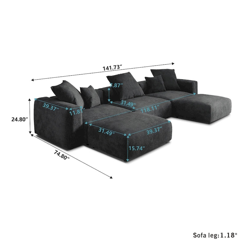 Canapé d'angle modulable en velours côtelé en forme de U, grand format, confortable, avec 5 coussins