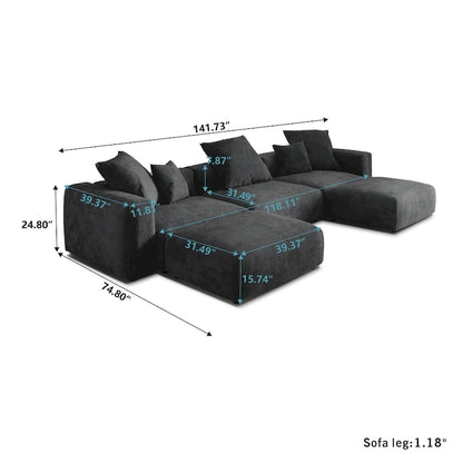 Canapé d'angle modulable en velours côtelé en forme de U, grand format, confortable, avec 5 coussins