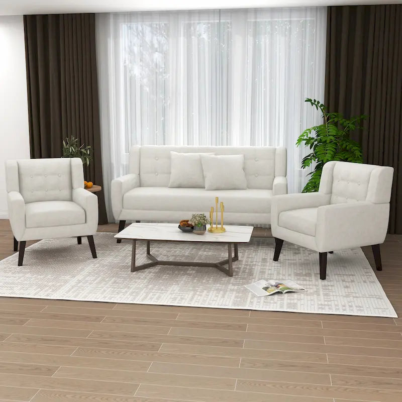 Ensemble fauteuil et causeuse 3 pièces en lin capitonné