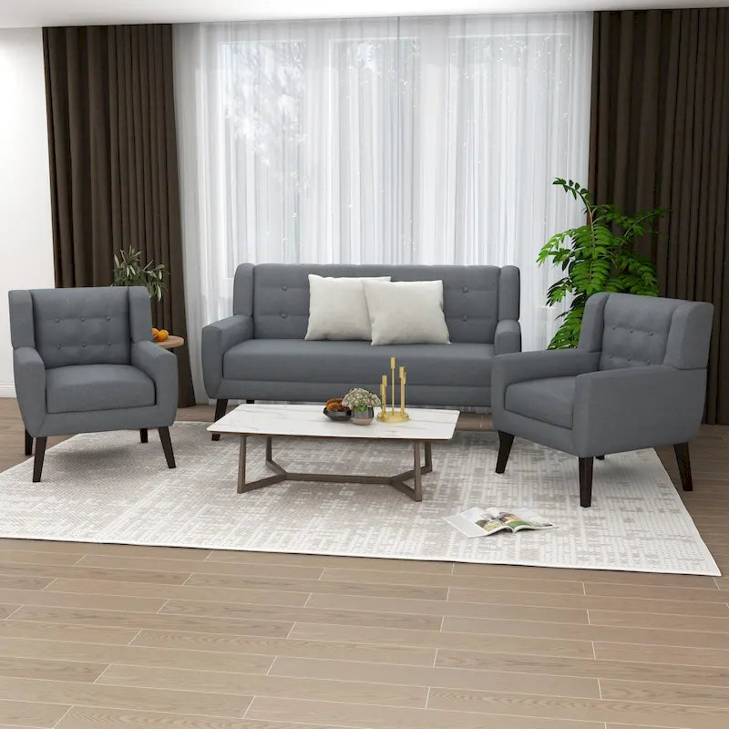 Ensemble fauteuil et causeuse 3 pièces en lin capitonné