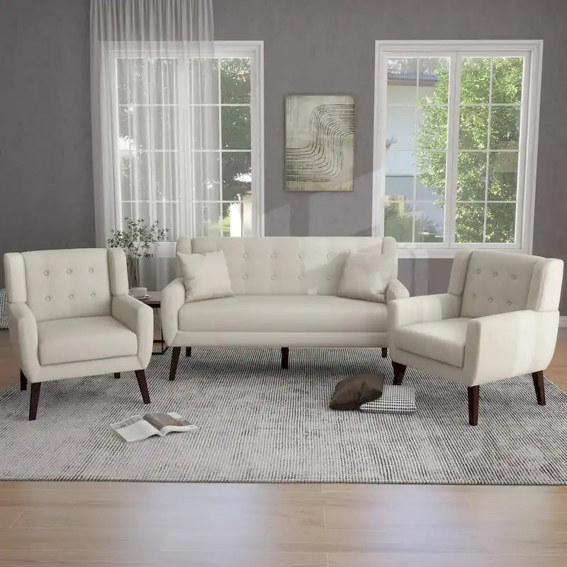 Ensemble fauteuil et causeuse 3 pièces en lin capitonné
