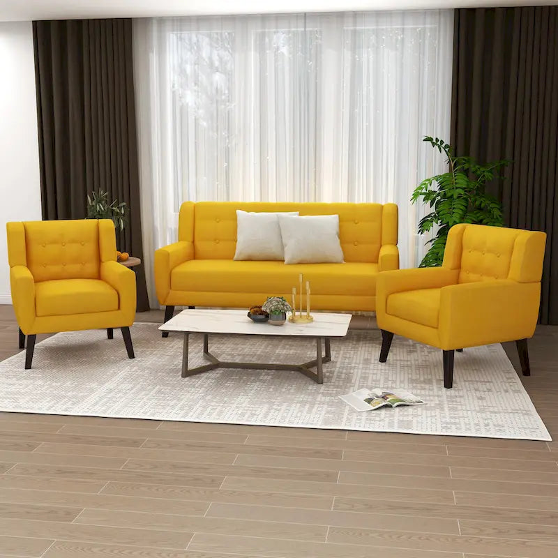 Ensemble fauteuil et causeuse 3 pièces en lin capitonné