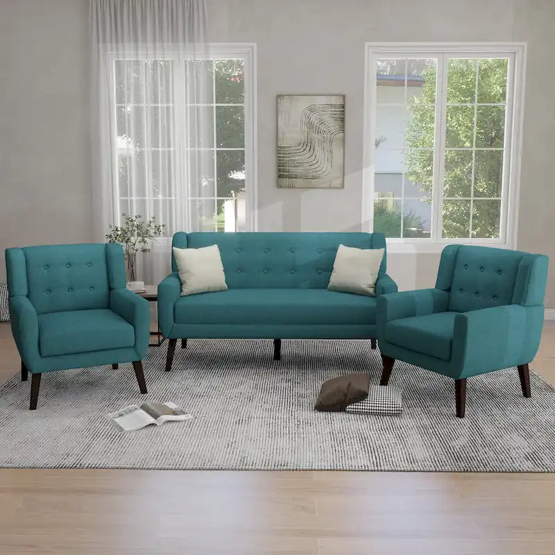 Ensemble fauteuil et causeuse 3 pièces en lin capitonné