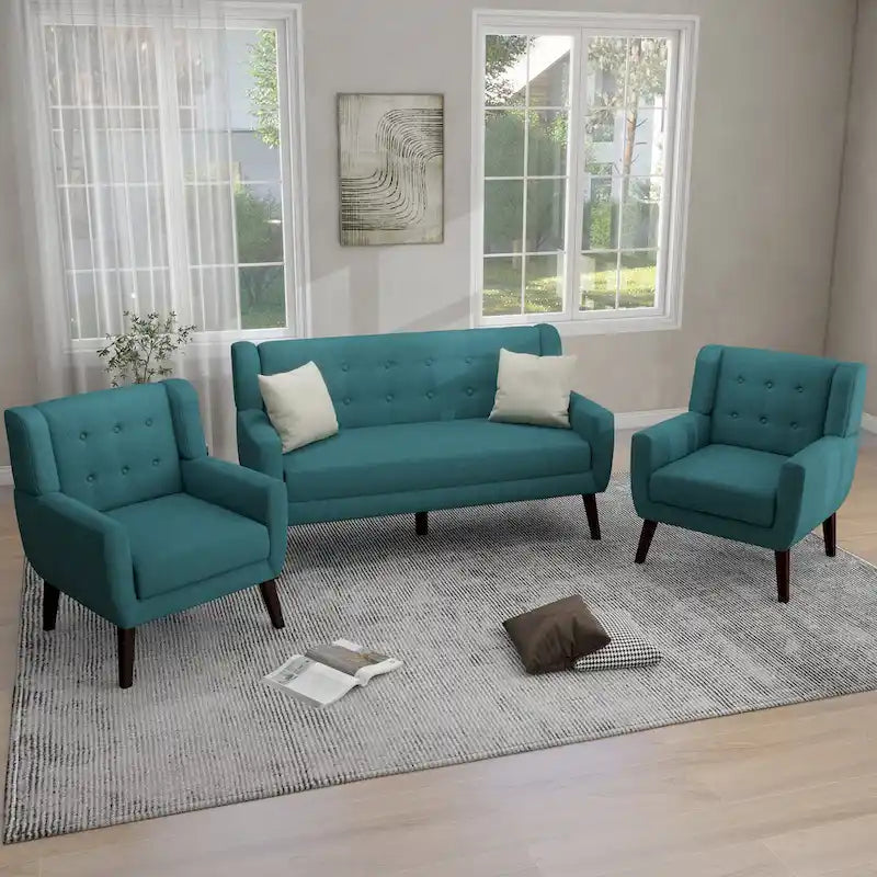 Ensemble fauteuil et causeuse 3 pièces en lin capitonné