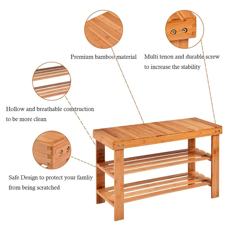 Banc porte-chaussures en bambou à 3 niveaux, étagère de rangement