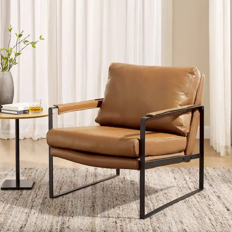Fauteuil Art Leon moderne du milieu du siècle en cuir véritable