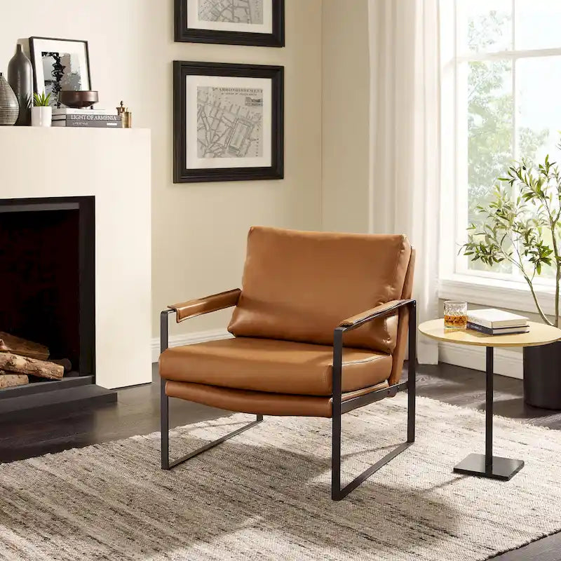 Fauteuil Art Leon moderne du milieu du siècle en cuir véritable