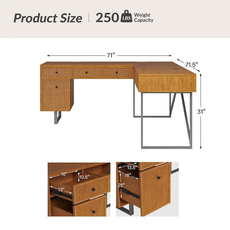 Bureau de direction industriel Alfons en forme de L avec plateau relevable en rotin, tiroirs et prises intégrées, par HULALA HOME