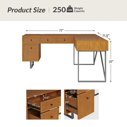 Bureau de direction industriel Alfons en forme de L avec plateau relevable en rotin, tiroirs et prises intégrées, par HULALA HOME