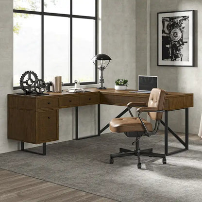 Bureau de direction industriel Alfons en forme de L avec plateau relevable en rotin, tiroirs et prises intégrées, par HULALA HOME