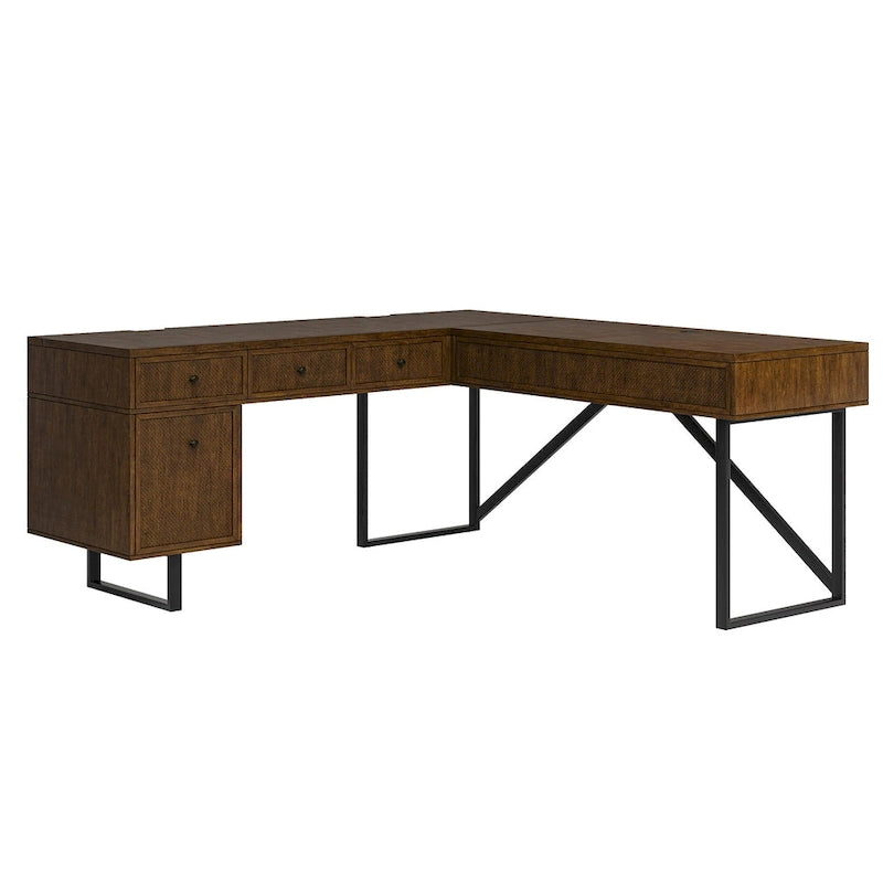 Bureau de direction industriel Alfons en forme de L avec plateau relevable en rotin, tiroirs et prises intégrées, par HULALA HOME