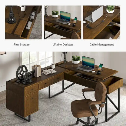 Bureau de direction industriel Alfons en forme de L avec plateau relevable en rotin, tiroirs et prises intégrées, par HULALA HOME