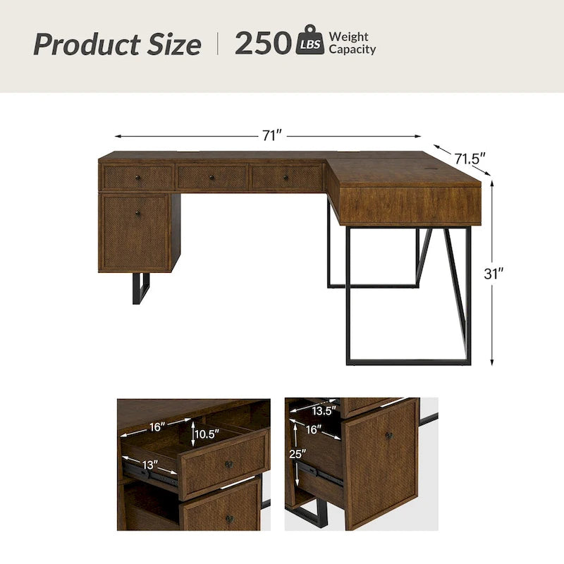 Bureau de direction industriel Alfons en forme de L avec plateau relevable en rotin, tiroirs et prises intégrées, par HULALA HOME