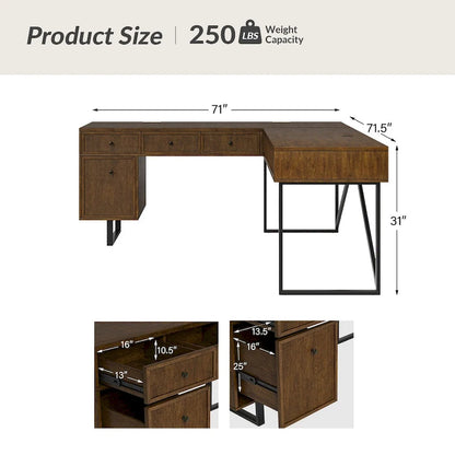 Bureau de direction industriel Alfons en forme de L avec plateau relevable en rotin, tiroirs et prises intégrées, par HULALA HOME